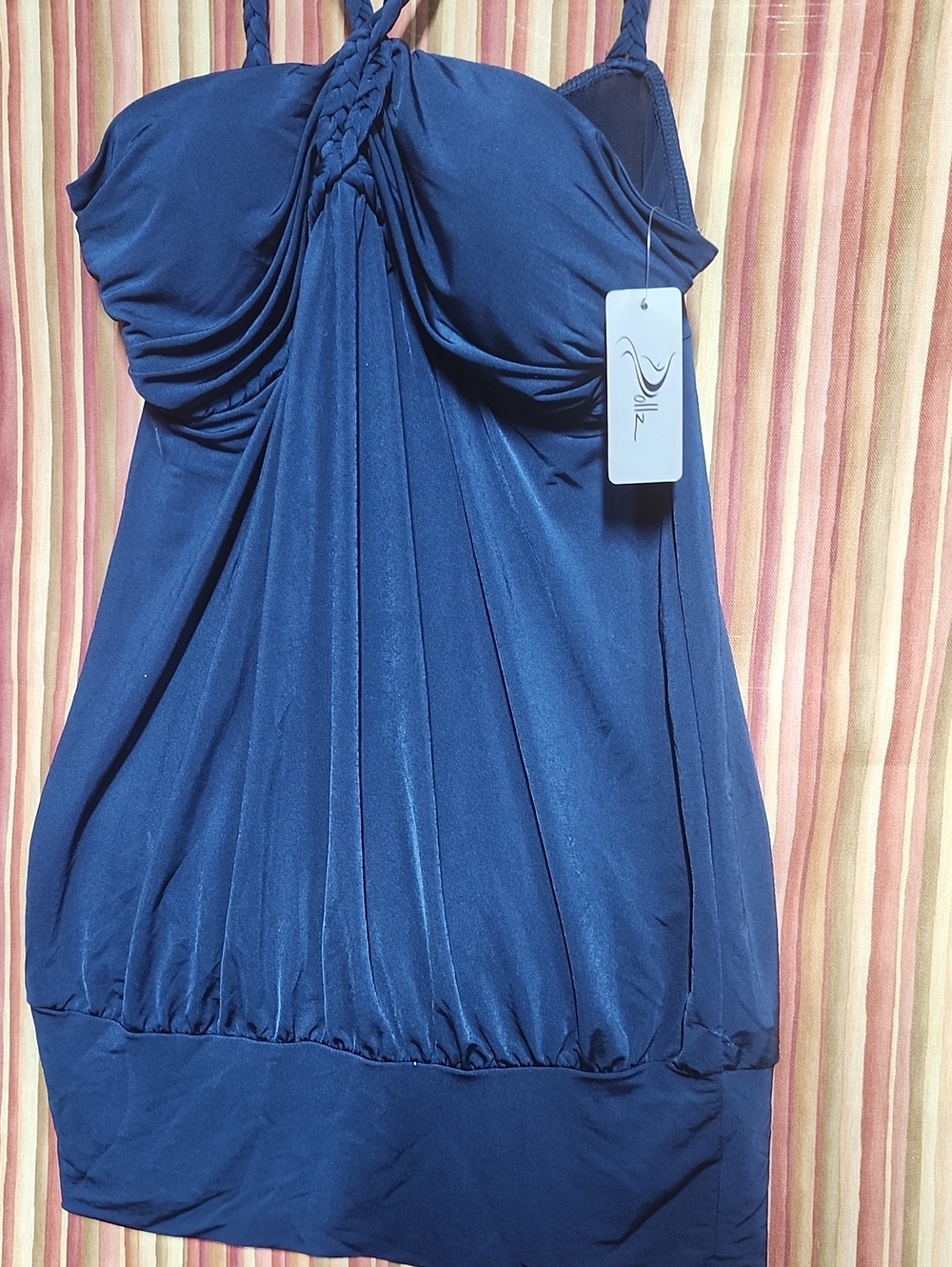 Built In BraDollz Glamtique Navy Braided Halter Bubble Hem Camisole Top